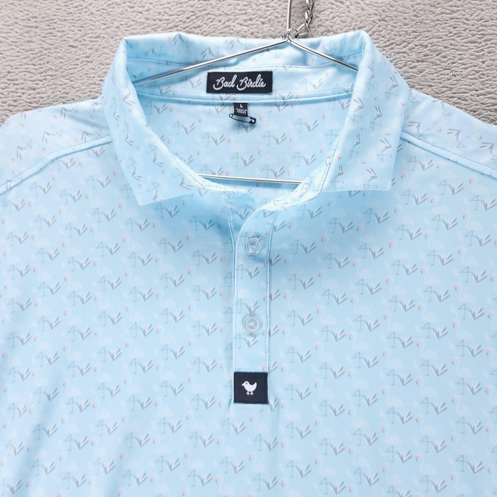 Bad Birdie Polo Shirt Mens L Blue Lil Mingos Performance Stretch Short Sleeve